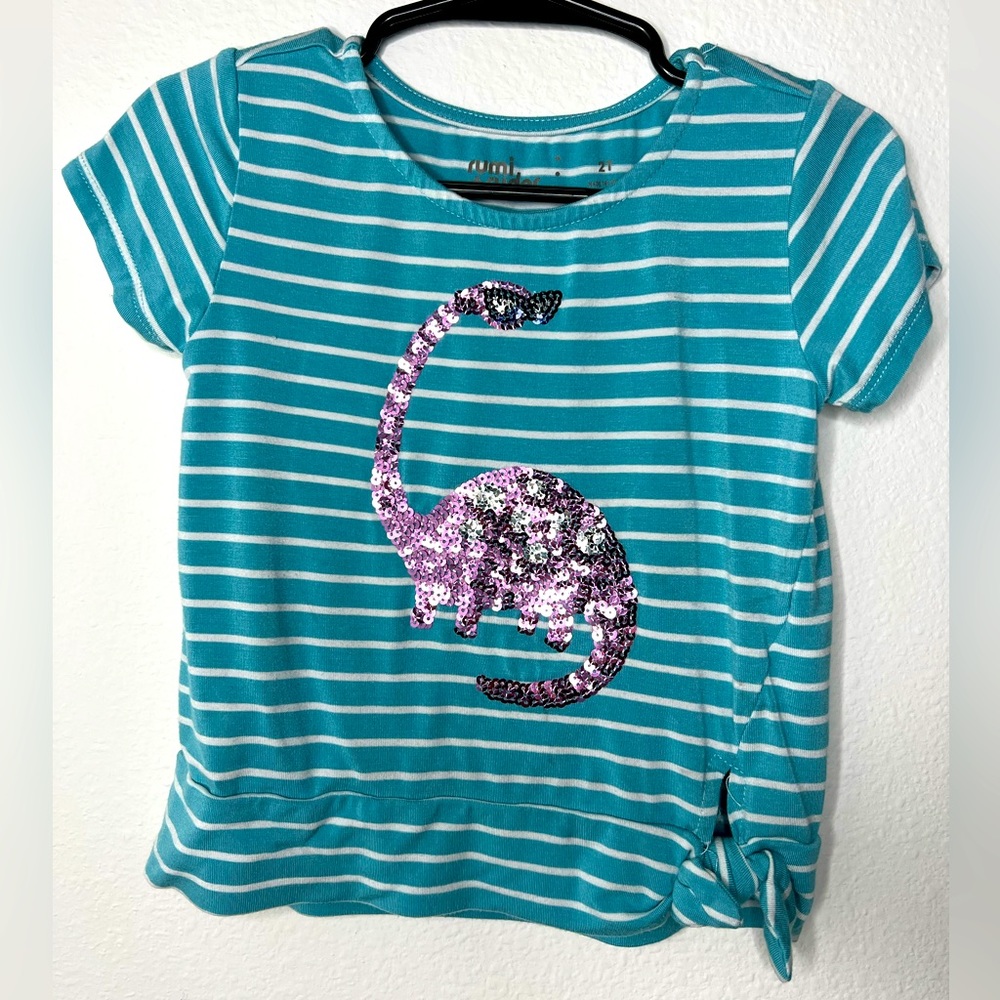 Rumi+Ryder Teal Striped Sequin Dinosaur Shirt Size 2T With A Bow Tie On Side!